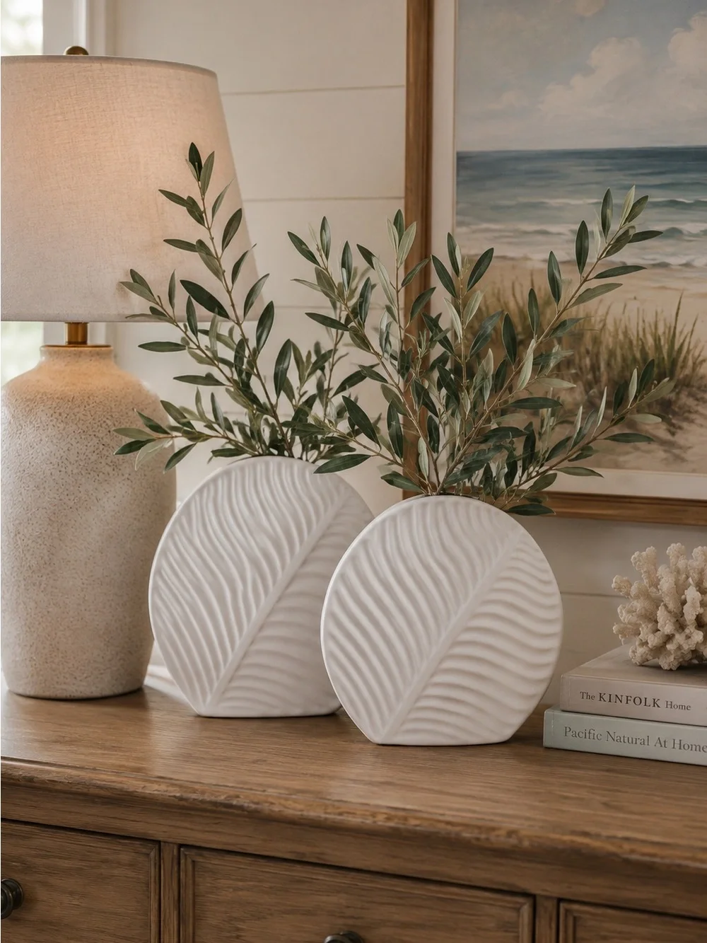 Textured Leaf Flat White Ceramic Vase